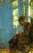 Anna Ancher interiorior med syennde kvinde, ca Sweden oil painting artist